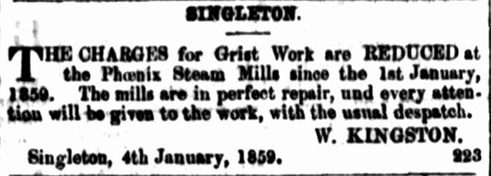 Advertisement about the Phoenix Steam Mills at Singleton