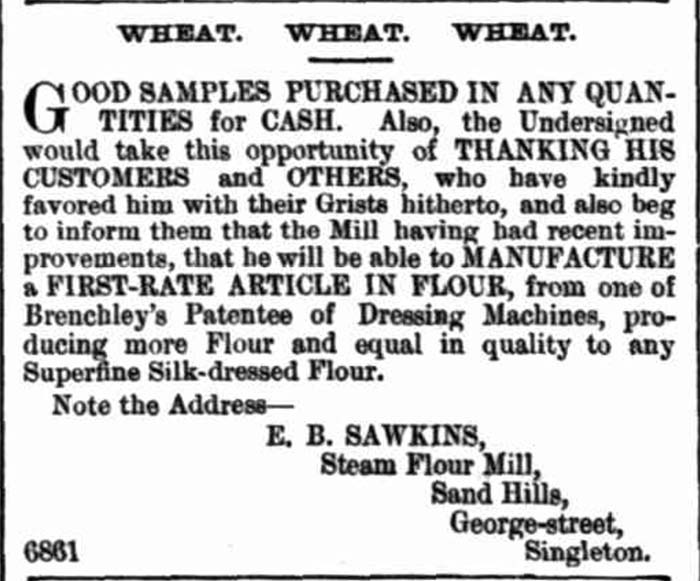 An advertisement about Benjamin Singleton Junior's steam flour mill at the Sand Hills, Singleton 