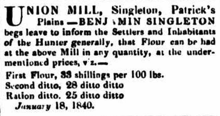 An advertisement for Benjamin Singleton's Union Flour Mill in Singleton