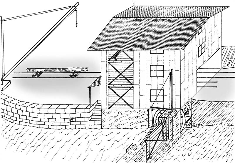 Drawing of Bill Bailey's Sawmill in about 1920, by Ian Webb