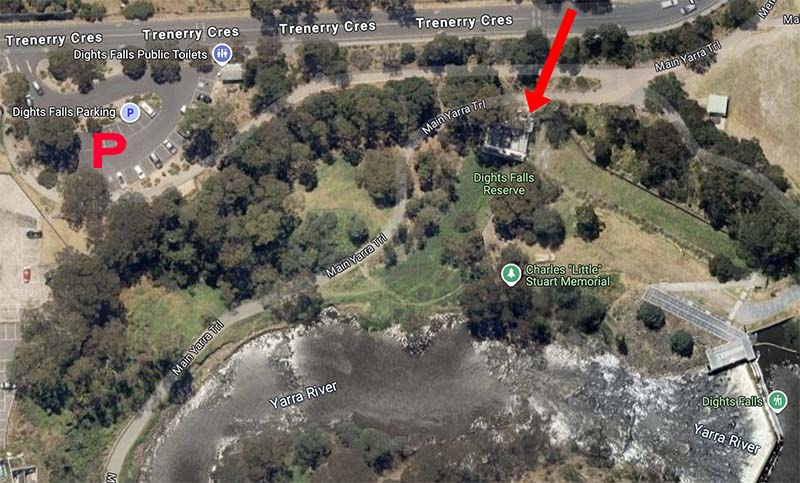 The location of the Turbine House containing two original water turbines from the Yarra Falls Flour Mill in Dights Falls Reserve, Victoria.