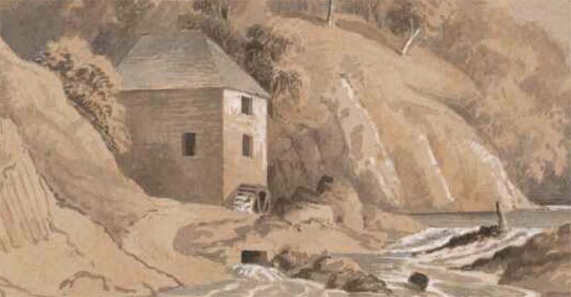 Painting of Janefield Mill showing the waterwheel powered by the Plenty River in Victoria. By John Black Henderson.