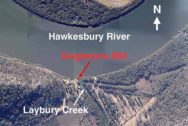 Aerial photograph of where Singletons Mill was once located at Laybury Creek, Wisemans Ferry 