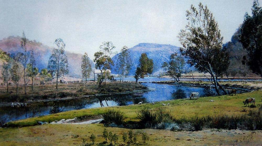 The well-known Singletons Mill at Laybury Creek, Wisemans Ferry,  shown in an 1889 painting by Julian Rossi Ashton