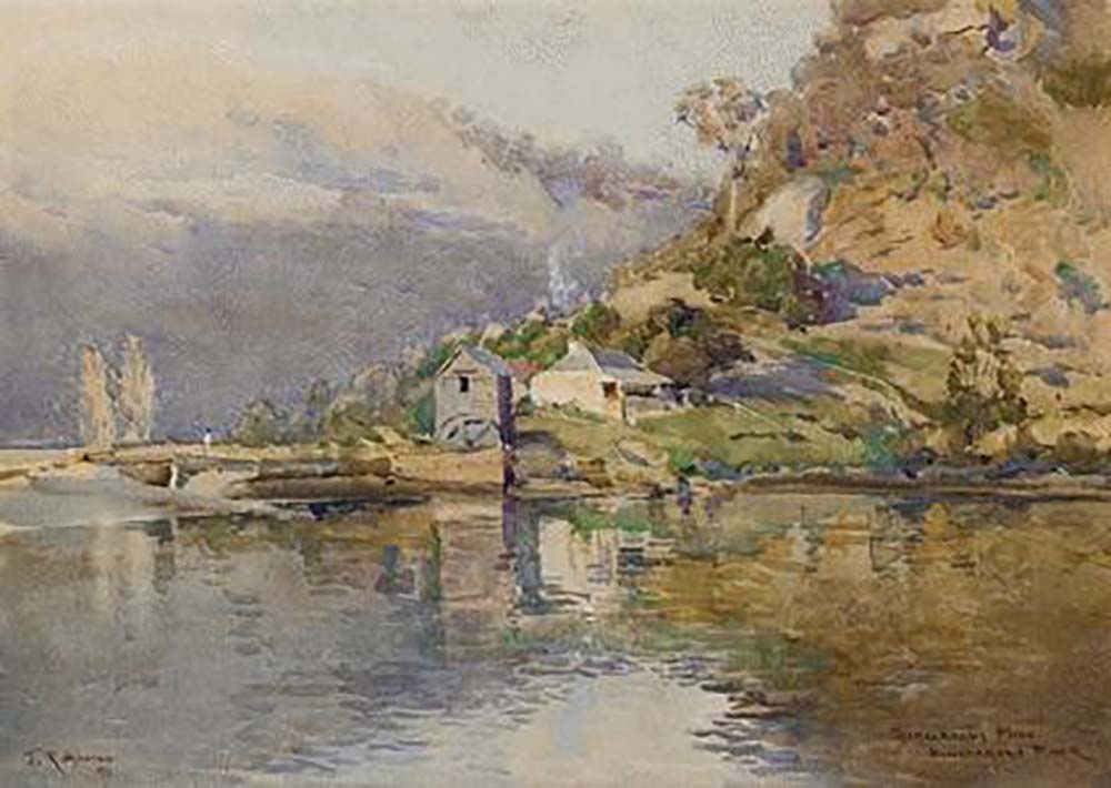 An 1898 painting by Julian Rossi Ashton showing James Singleton's flour mill and the miller's house at Laybury Creek, Wisemans Ferry, viewed from the Hawkesbury River