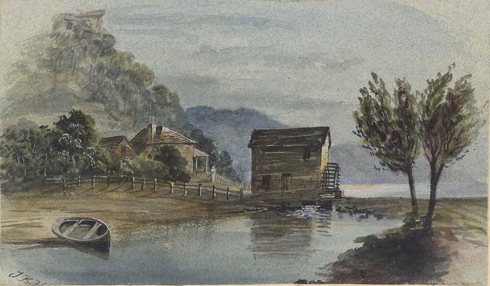 James Singleton watermill at Laybury Creek, Wisemans Ferry, shown in an 1879 painting by John Black Henderson 