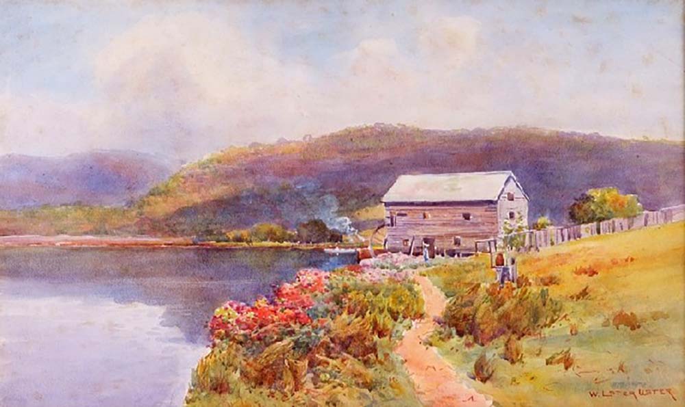 A painting by William Lister Lister showing Singletons watermill at Laybury Creek, Wisemans Ferry