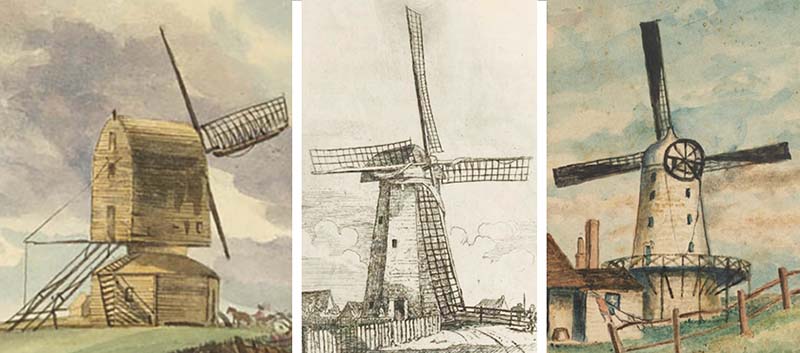 Types of historic windmills in Australia: a Postmill at Sydney, a Smockmill at Adelaide, and a Towermill at Darlinghurst, Sydney. 